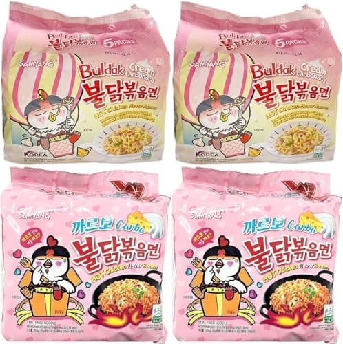 Value Bundle: SAMYANG Noodles - Hot Chicken Flavour Buldak Ramen Instant Noodles - Instant Ramen - Korean Food - Custom Value Bundle Branded Pack of 20 Total (4 PACK, CARBO & CREAM CARBO COMBO)