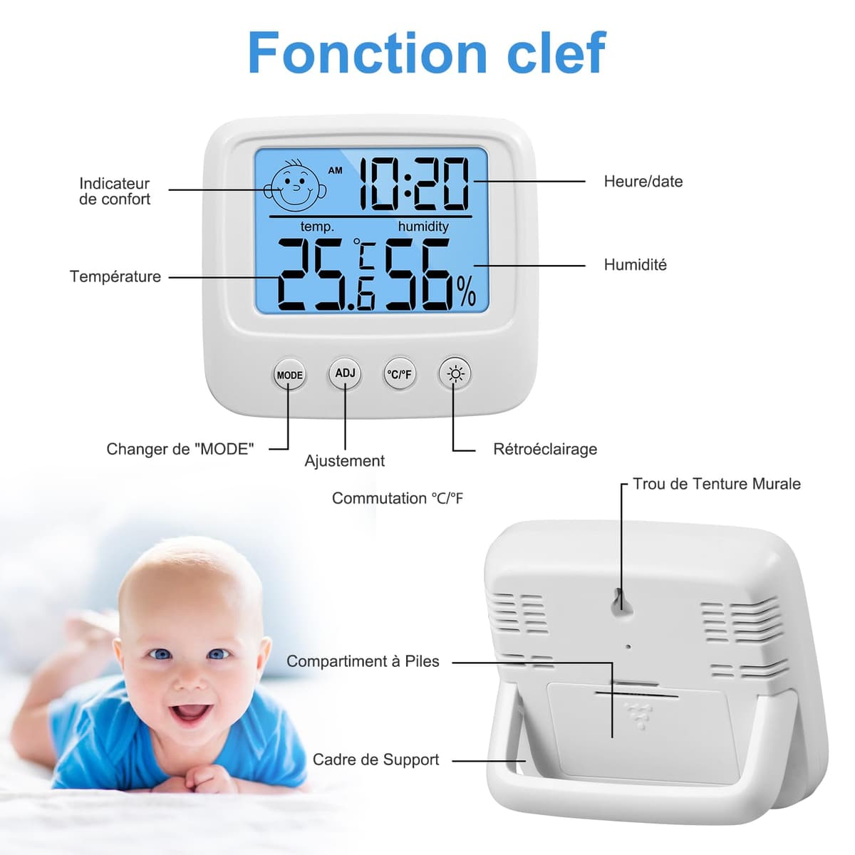 Vinabo High Accuracy Digital Thermometer Hygrometer Indoor Digital Hygrometer Desktop Digital Thermometer with Temperature and Humidity Monitor Backlight Clock — view 2