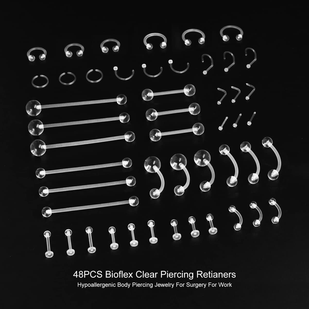 MixPiercing 48Pz Retenedores de Piercing Transparente Nariz Plástico Lengua Pezón Arete Labio Labret Aros De Ceja Cartílago Pulpa Trago Retenedor De Oreja Cirugía Para Quirofano Trabajo — view 2