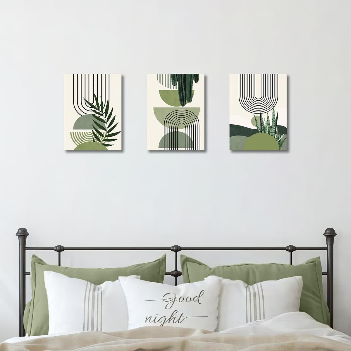 3 Pcs Wooden Framed Canvas Wall Art Set Bohemian Sage Green Canvas Prints Poster Geometric Line Beige Green Pictures for Living Room Bedroom Dinning Room Hallway Stairs Wall Decor 30x40cm x3pcs — view 2