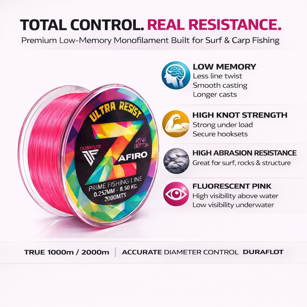 Zafiro Pink (Rosa flúor) — Hilo de Pesca monofilamento (Nylon) — 1000/2000 m — 0,18/0,20/0,25/0,30/0,35/0,40/0,45/0,50 mm — Baja Memoria y Alta abrasión — view 2
