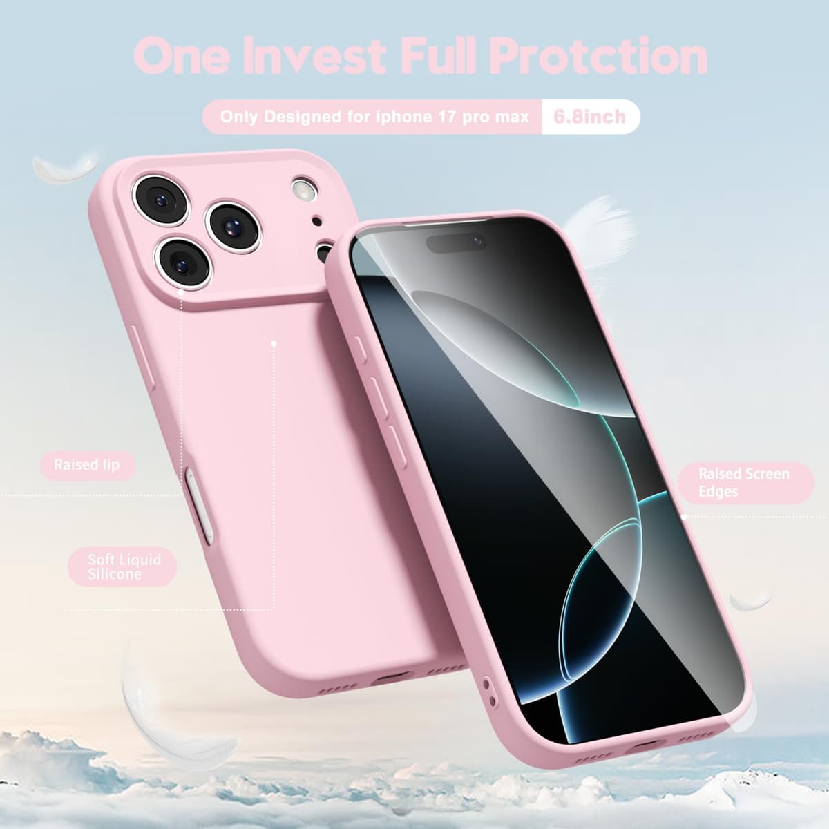 oakxco for iPhone 17 Pro Max Phone Case Liquid Silicone, Cute Thin Slim Grip Soft Rubber Gel for Women Men, Smooth Matte TPU Plain Solid Color Girly Simple Case with Camera Cover, Light Pink — view 3