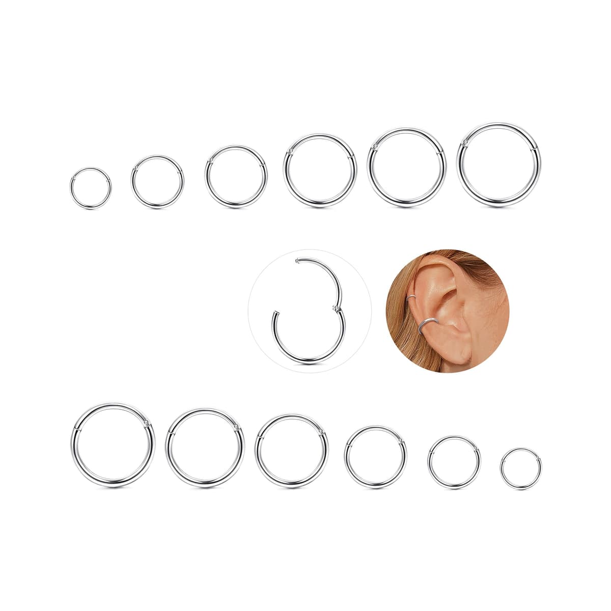 YADOCA 12 Pcs Acero Quirúrgico Piercings Nariz Septum Piercing 16G Segmento Anillo Cuerpo Piercing Nariz Aro Labio Anillos Cartílago Concha Helix Pendientes para Mujeres Hombres 6-16mm