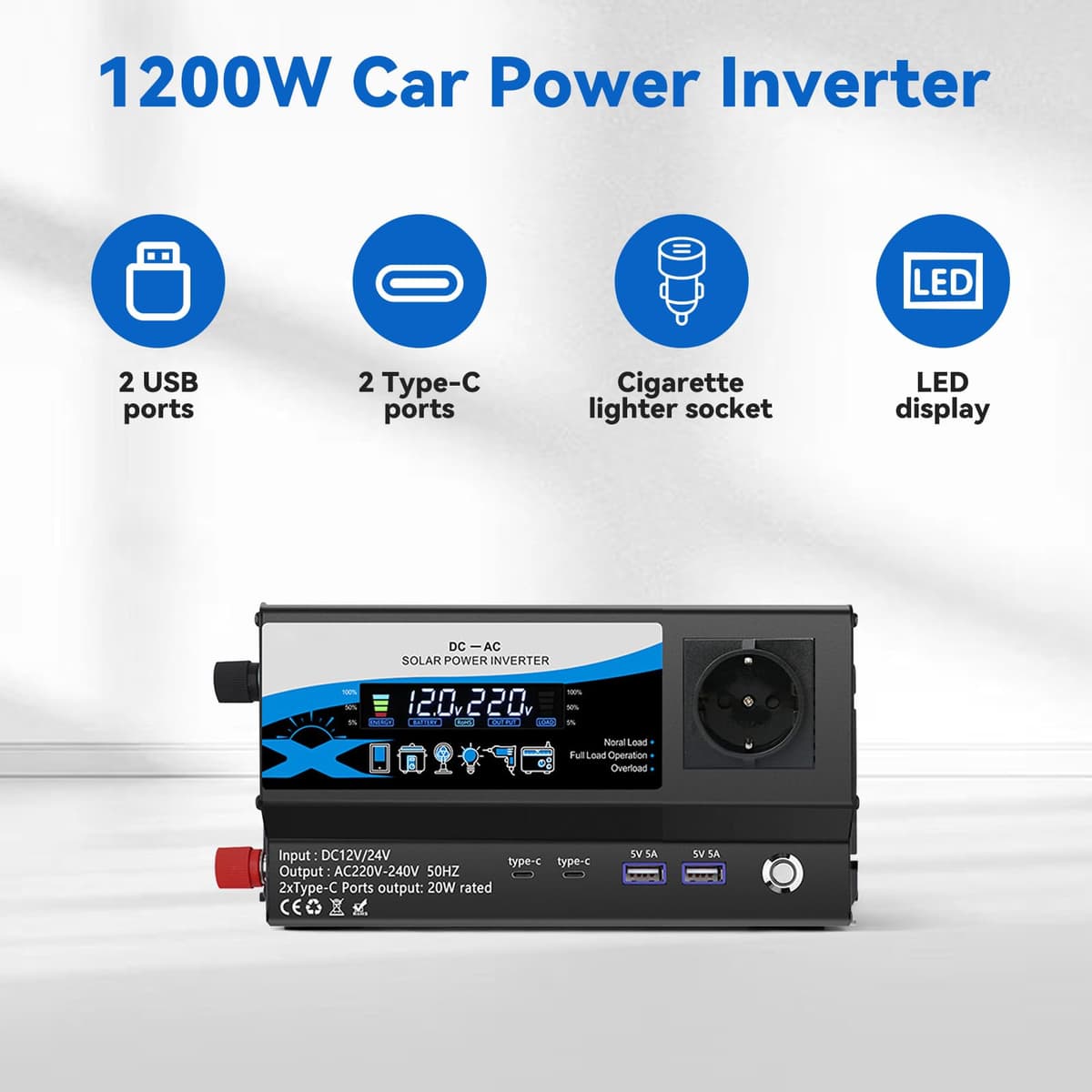 Inversor 1200W 12V/24V a 220V, Convertidor de Corriente para Coche con 2 Tomas AC, 2 USB & 2 Type-C, Mechero y Pantalla LED, para Autocaravana Camping — view 2
