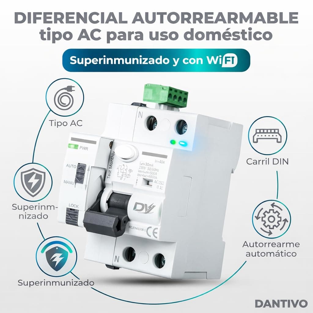 Diferencial Auto Rearmable WiFi 40A 30mA Tipo AC 2P – Interruptor Diferencial Inteligente WiFi con App – Diferencial Rearmable Automático Carril DIN – Monitorización Consumo en Tiempo Real — view 3