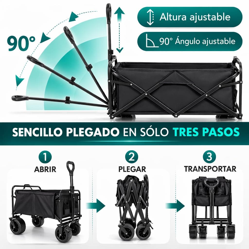 Carro de Mano Plegable con Ruedas Grandes Todoterreno | Carrito Multiusos Ideal Playa, Compra, Jardín o Camping | Carga hasta 150kg | Asa Ajustable | Auxiliar | Transporte de Herramientas o Juguetes — view 4