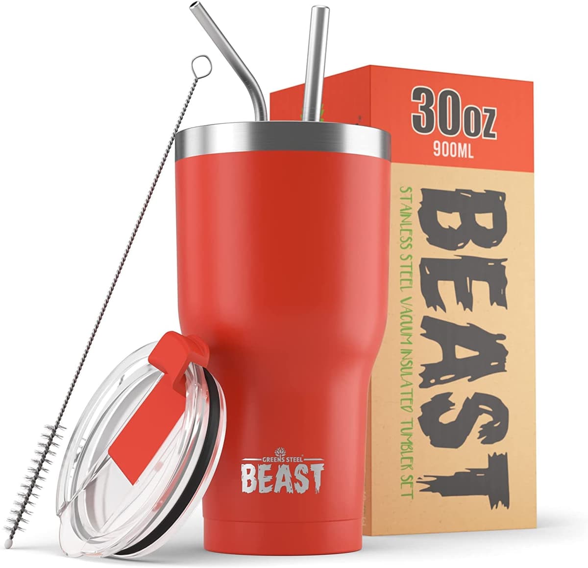 Greens Steel Beast Tumbler – 550 ml (20 oz), Coral | Vaso de acero inoxidable reutilizable con aislamiento al vacío | con 2 pajitas y cepillo de limpieza | Termo de viaje de doble pared — view 85