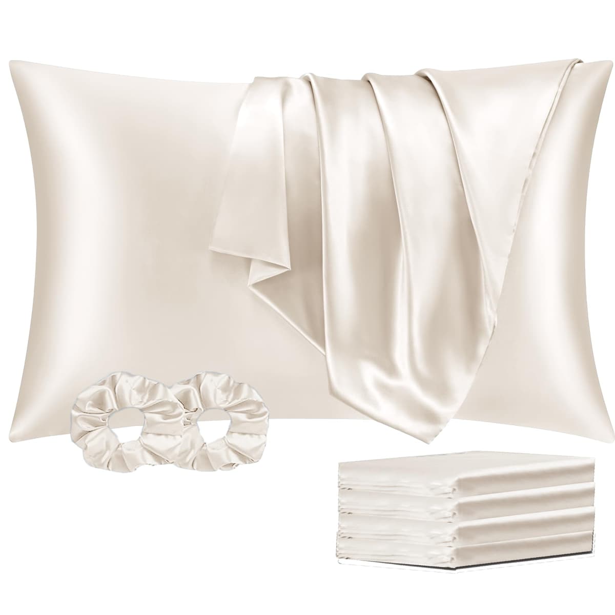 Vielit 2 Pack Satin Pillowcase for Hair and Skin Cooling,Soft as Silk Pillowcase for Hair and Skin,Easier Care than Silk Pillow Case Beige 50x75cm Gifts for Women Envelope & 2 Scrunchies — view 105