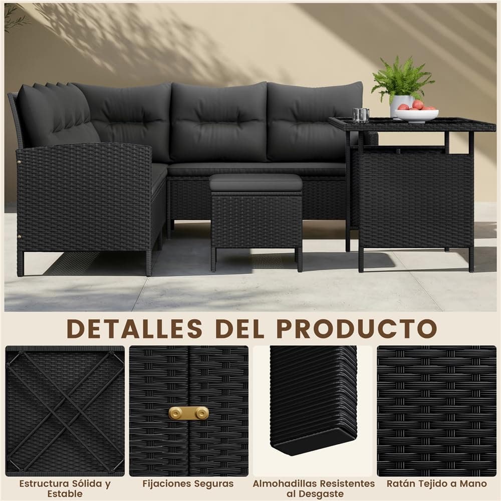 Yaheetech Juego de Muebles de Jardín 4 Piezas, Sofás de Ratán para Exterior con Mesa de Vidrio Templado Mesa y Sillas para Balcón Terraza Patio, Negro/Gris — view 5