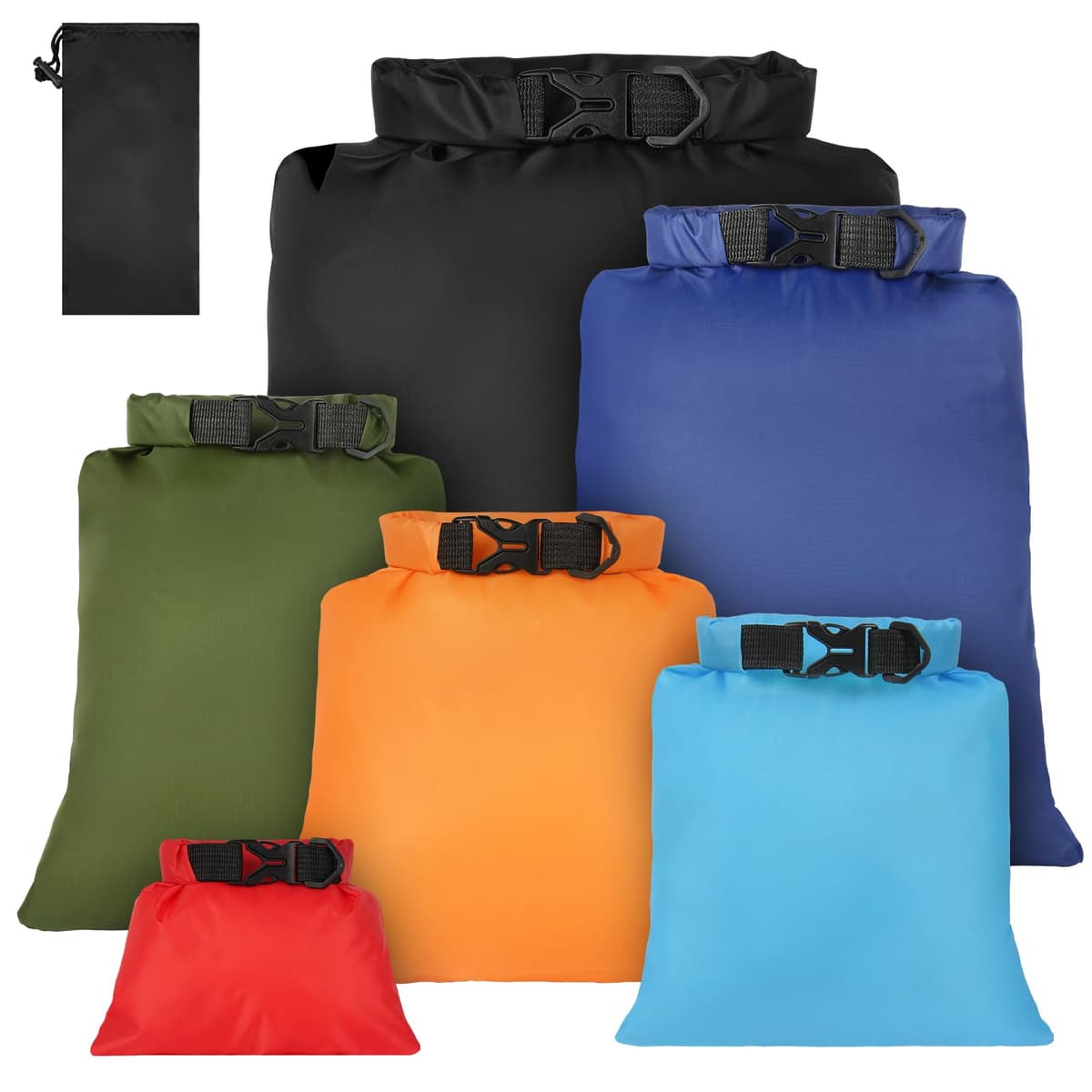 vsshe 6 Piezas Bolsas Estancas Impermeable, 1.5/2.5/3/3.5/5/8L Bolsas Secas Ligeras, Bolsas Estancas Ligeras Portátil, para Kayak, Senderismo, Rafting, Camping, Pesca, Ciclismo (Negro) — view 10