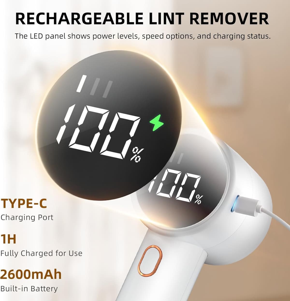 Fabric Shaver, Electric Lint Remover, Rechargeable Lint Shaver, Sweater Defuzzer to Remove Pilling, Battery Operated, 6-blade, 3-speed with LED Display for Clothes, Upholstery, Furniture — view 3