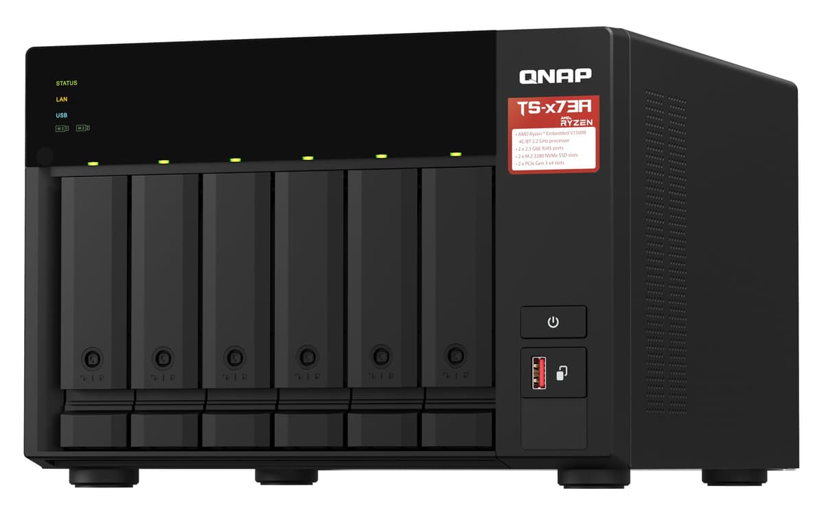 QNAP TS-x73A-8G + QSW-1105-5T bundle: AMD Ryzen 2.2 GHz quad-core 2.5GbE NAS with M.2 NVMe SSD support and PCIe expansion for 10GbE, paired with a 2.5G switch (TS-673A-SW5T) — view 5