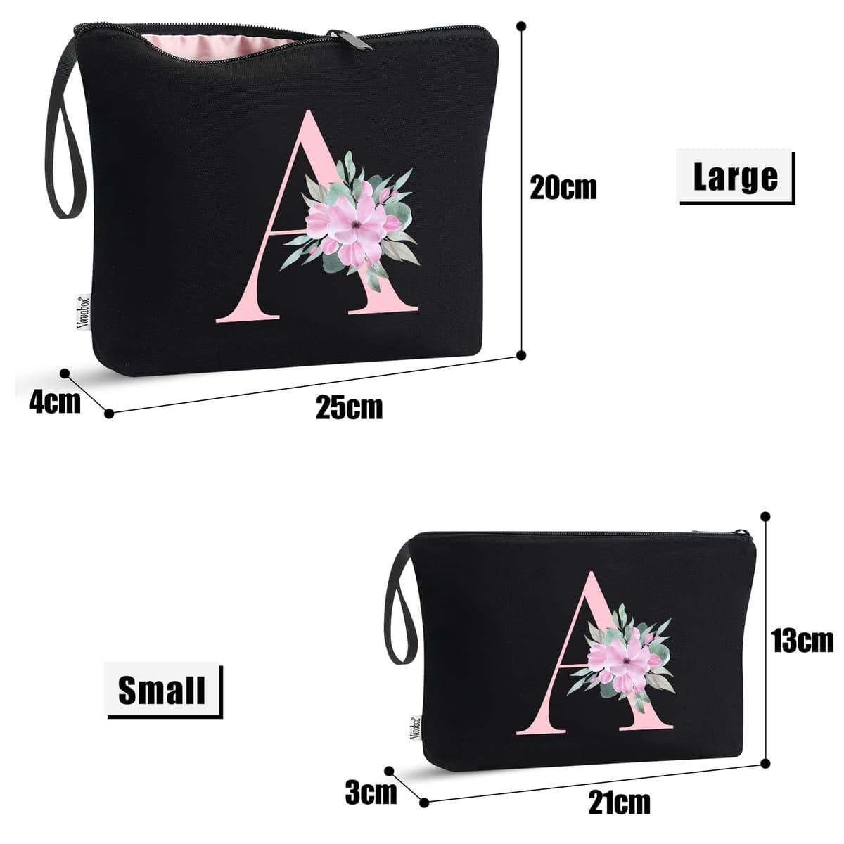 Vavabox 2 Pcs Initial Toiletry Bags Set,Birthday Gifts for Women,Travel Portable Toiletry Bag with Handle (L, Black) — view 2