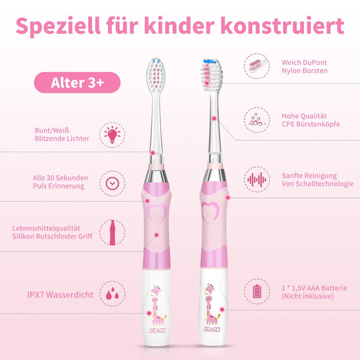 Seago Cepillo de Dientes Infantil Eléctrico Para Niños 3–12 Años Kids Con Luz de Colores,Temporizador Inteligente de 2 minutos,4 Cabezales Suaves SG-EK6/SG-977 (Rosa) — view 7