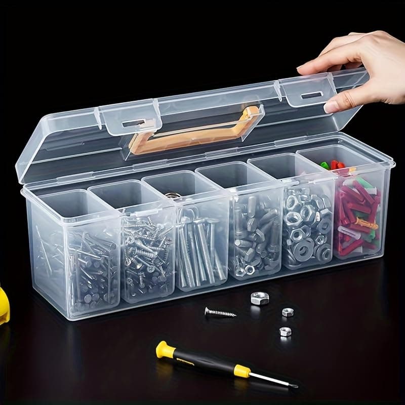 Caja de almacenamiento de herramientas, organizador de piezas pequeñas, contenedor de hardware, plástico transparente con 1 caja exterior y 6 separadores interiores extraíbles, para tornillos, tuercas — view 5