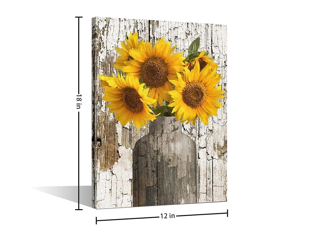 TISHIRON Rustic Yellow Sunflower in Vase Farmhouse Cottage Countryside 18"x12" Canvas Wall Art Prints Framed Picture Photo Painting Home Decor Ready to Hang — view 2
