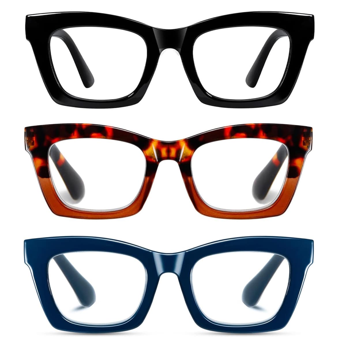 Hubeye Gafas de lectura para Mujeres de Moda Anteojos de lectura con Bisagra de resorte ultraligeras anti luz azul (Negro+Leopardo+Azul, 2.00)