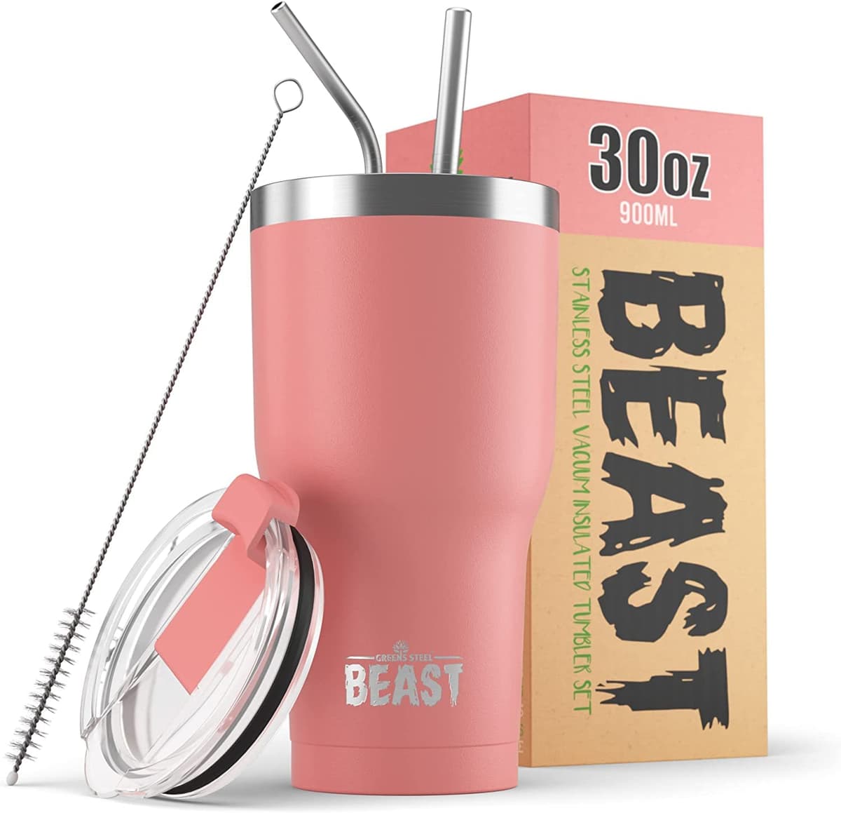 Greens Steel Beast Tumbler – 550 ml (20 oz), Coral | Vaso de acero inoxidable reutilizable con aislamiento al vacío | con 2 pajitas y cepillo de limpieza | Termo de viaje de doble pared — view 44