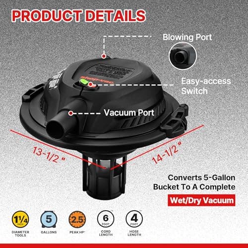 Shop-Vac 2.5 Peak HP Wet/Dry Vac Bucket Head, Fits 5 Gallon Bucket (Sold Separately), Portable Shop Vacuum, 1.25 Inch Diameter x 4 Foot Hose, 6 Foot Cord, Ideal for Jobsite, Garage, Workshop & Home — view 2