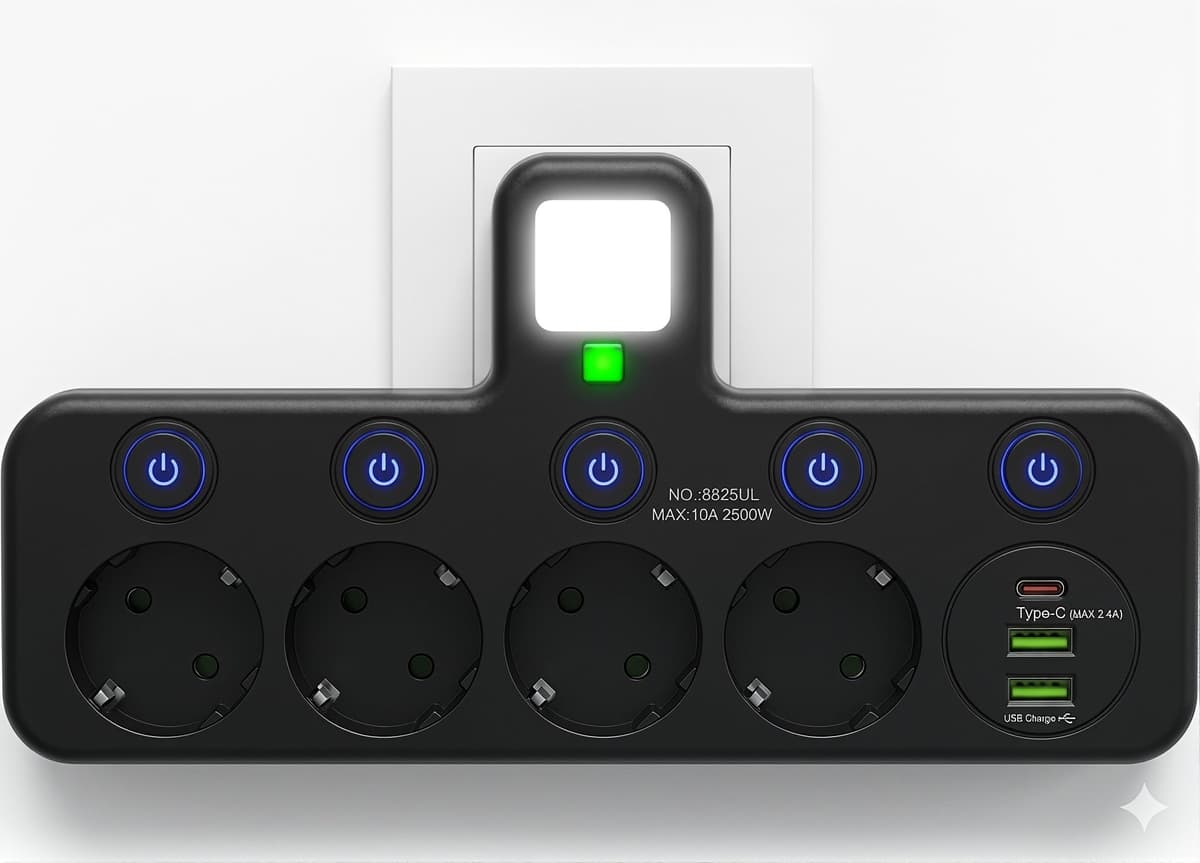Regleta de Enchufe de Pared con 4 Tomas Europeas, Adaptador con USB C y 2 USB A, Ladrón de Enchufe con Interruptores Independientes para Hogar y Oficina (Negro) (Negro)