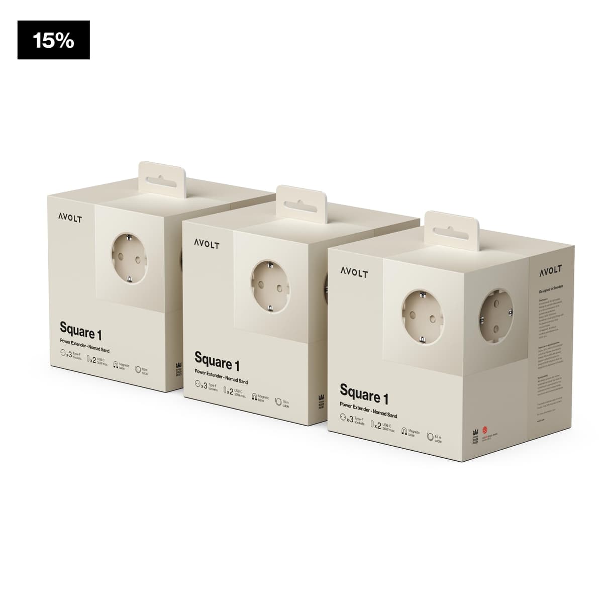 Regleta Cubo Magnética AVOLT Square 1 – Organiza Tus Enchufes en el Escritorio – 3 Enchufes y 2 Puertos – Diseño para Oficina y Hogar (Nomad Sand, USB-C 1.8m) — view 2