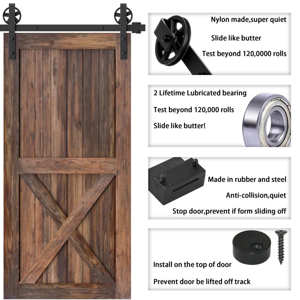 WINSOON 200cm Herrajes para puertas corredizas de granero de madera antigua Básico Negro Kit de rodillos de rueda de radios grandes Sistema de rieles de soporte para gabinete — view 5