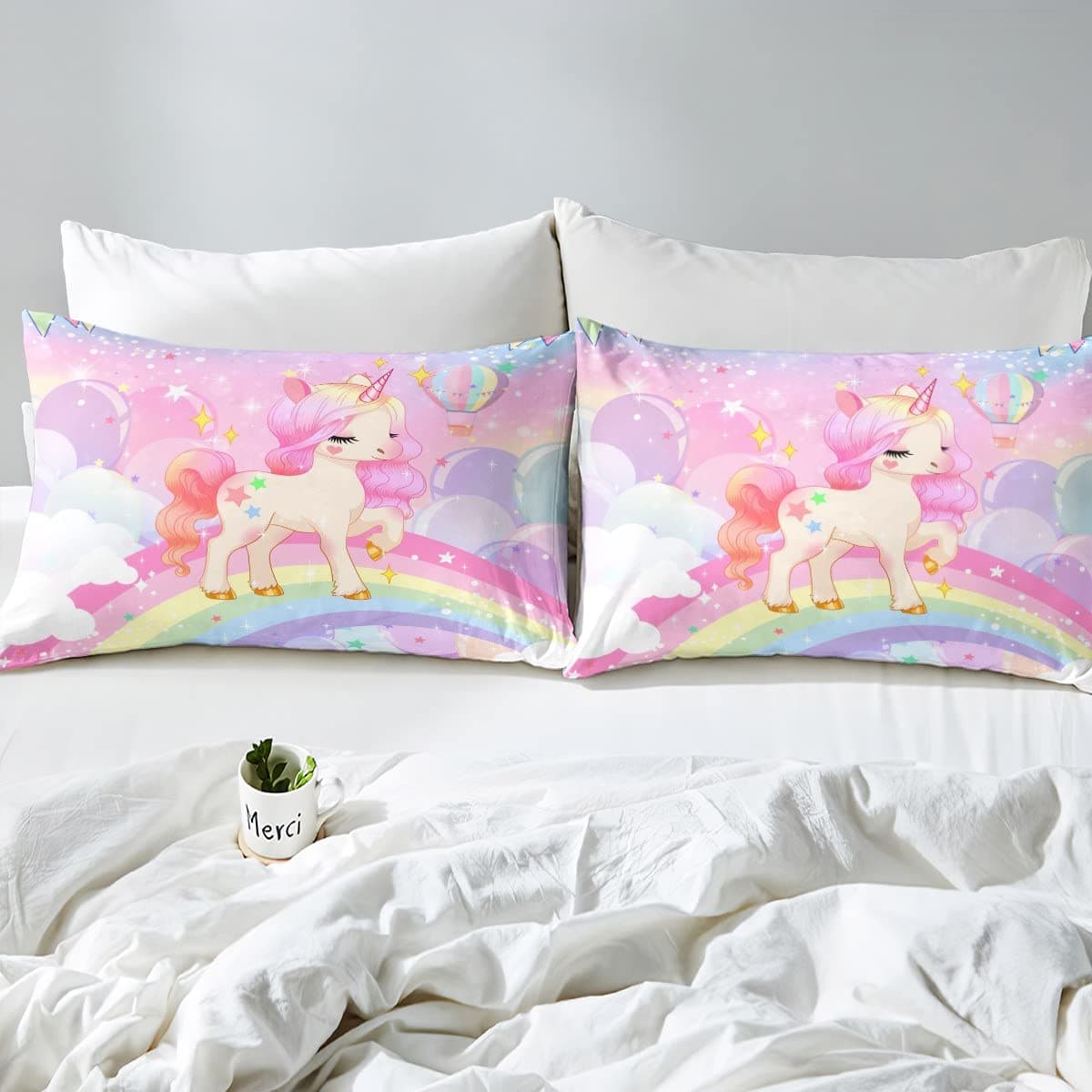 Loussiesd Juego de cama para niñas, diseño kawaii de unicornio y arcoíris, funda nórdica de dibujos animados, galaxia, estrellas, animales, 1 funda de almohada, tamaño individual — view 5