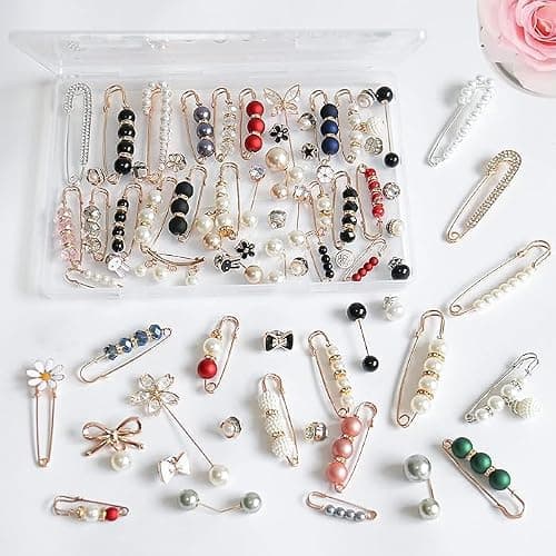 145 Pcs Brooch Pins, Sweater Shawl Hat Clip Neckline Pins Double Faux Pearl Brooches for Women Fashion Cover Up Buttons Clothing Dress Decoration Accessories Pant Waist Tightener Safety Pins — view 6
