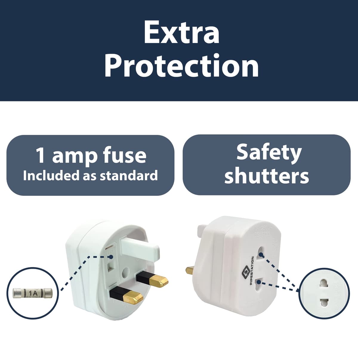 Pipestation Toothbrush and Shaver Adapter Plug UK | European to UK Toothbrush Adapter | European to United Kingdom Adaptor | Tooth-Brush Charger United Kingdom | 2-Pin to 3-Pin Shaver Plug Adaptor — view 6