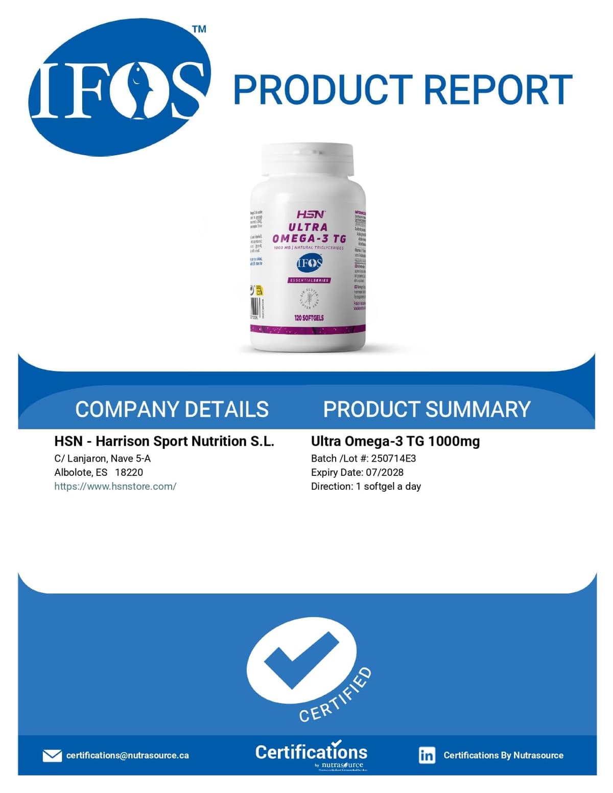 HSN Ultra Omega 3 TG IFOS 5 Estrellas | 120 Perlas | 1000mg Aceite de Pescado por Perla con 350mg EPA + 250mg DHA – Alta Absorción en Forma de Triglicéridos – Certificado Sin Metales Pesados — view 4