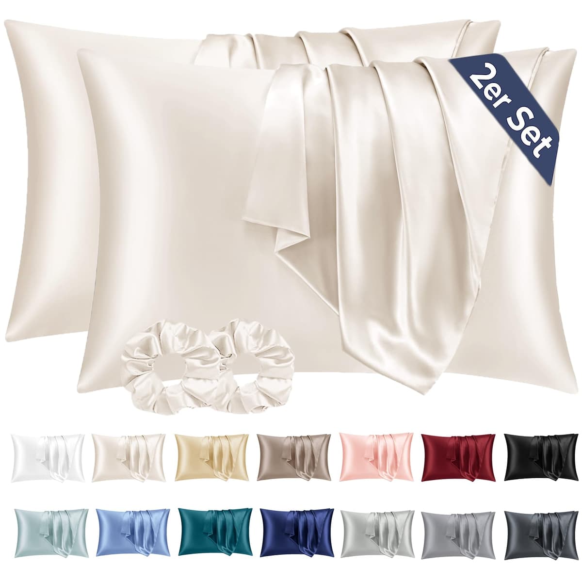 Vielit 2 Pack Satin Pillowcase for Hair and Skin Cooling,Soft as Silk Pillowcase for Hair and Skin,Easier Care than Silk Pillow Case Beige 50x75cm Gifts for Women Envelope & 2 Scrunchies — view 24