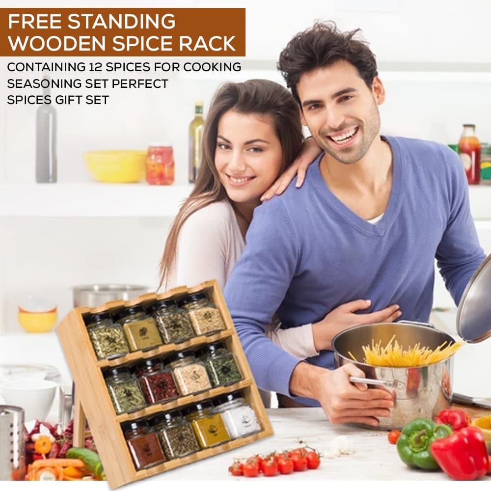 Spice Rack - 12 Herbs and Spices for Cooking, Spice Gift Set, Premium Wooden Spice Rack With Spices Included, Herbs, Spices & Seasonings |House Essentials For New Home |Space Saving, Spice Organiser — view 6