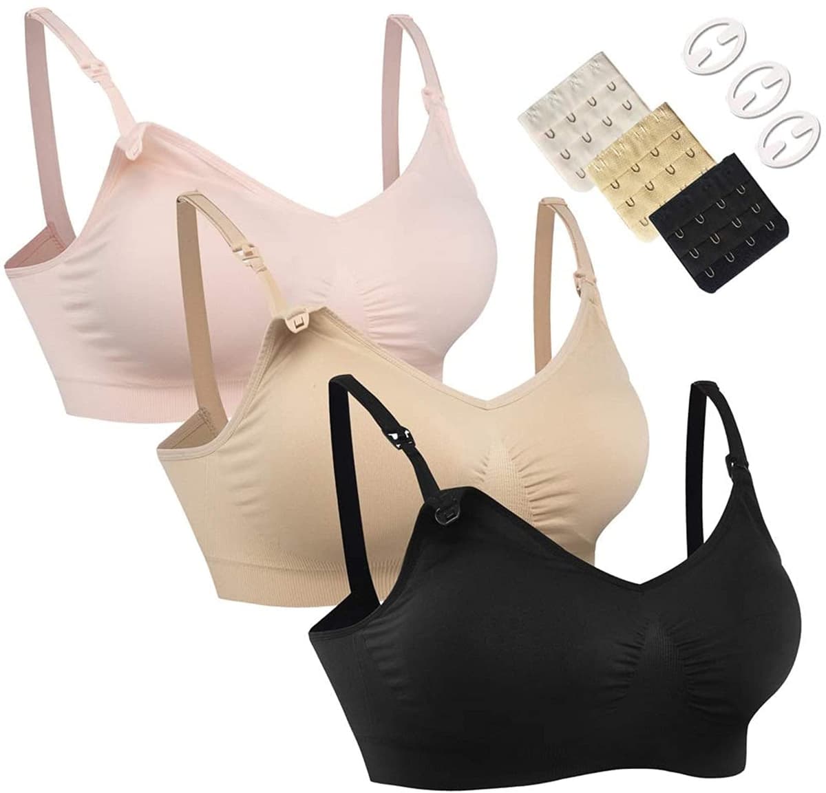 HOFISH 3PACK Full Bust Seamless Nursing Maternity Bras Bralette S-XXL with Extra Bra Extenders & Clips