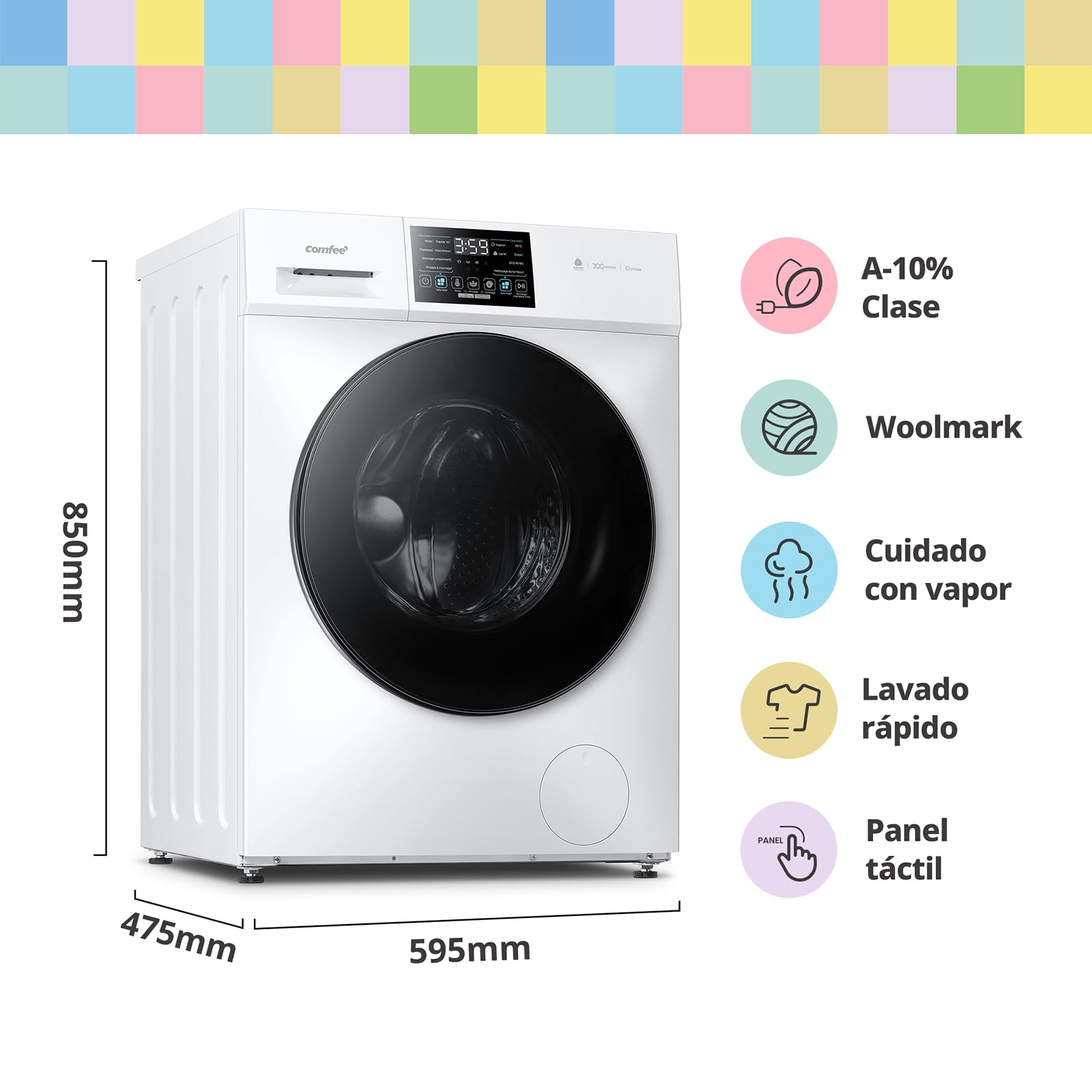 COMFEE' CFP03EW80W-HL Lavadora 8 kg de carga, Clase A -10%, Cuidado con vapor, Motor BLDC, Aprobada por Woolmark, Panel táctil, blanco — view 2