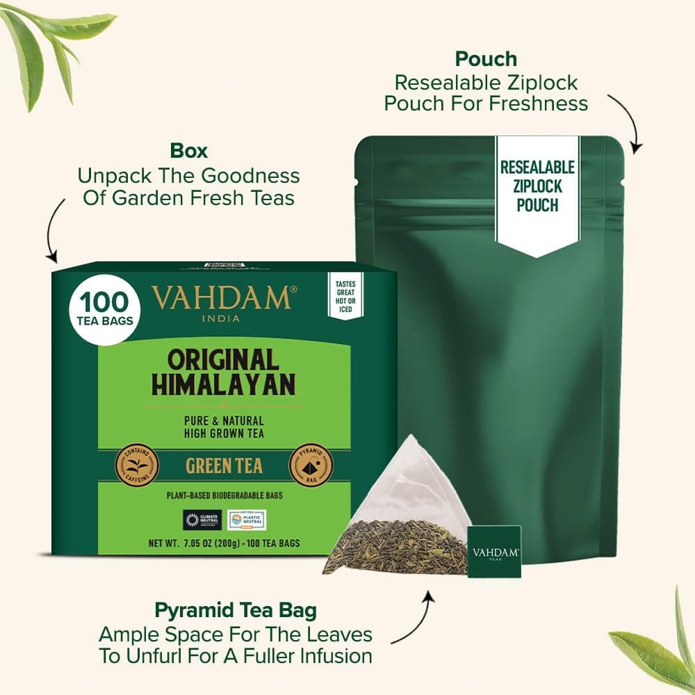 VAHDAM, Himalayan Té Verde (100 Piramidales Bolsitas De Té) 100% Pura Y Natural | Envasado Fresco En La India | Caliente, Frío O Como Kombucha — view 4