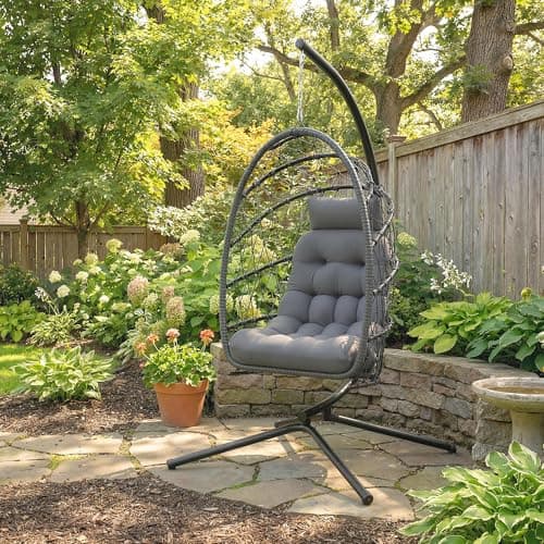Outsunny Hanging Egg Chair with Stand, Foldable Wicker Rattan Swing Chair with Thick Cushion and Safety Rope for Patio Garden, Supports 264 lbs, Dark Grey — view 8