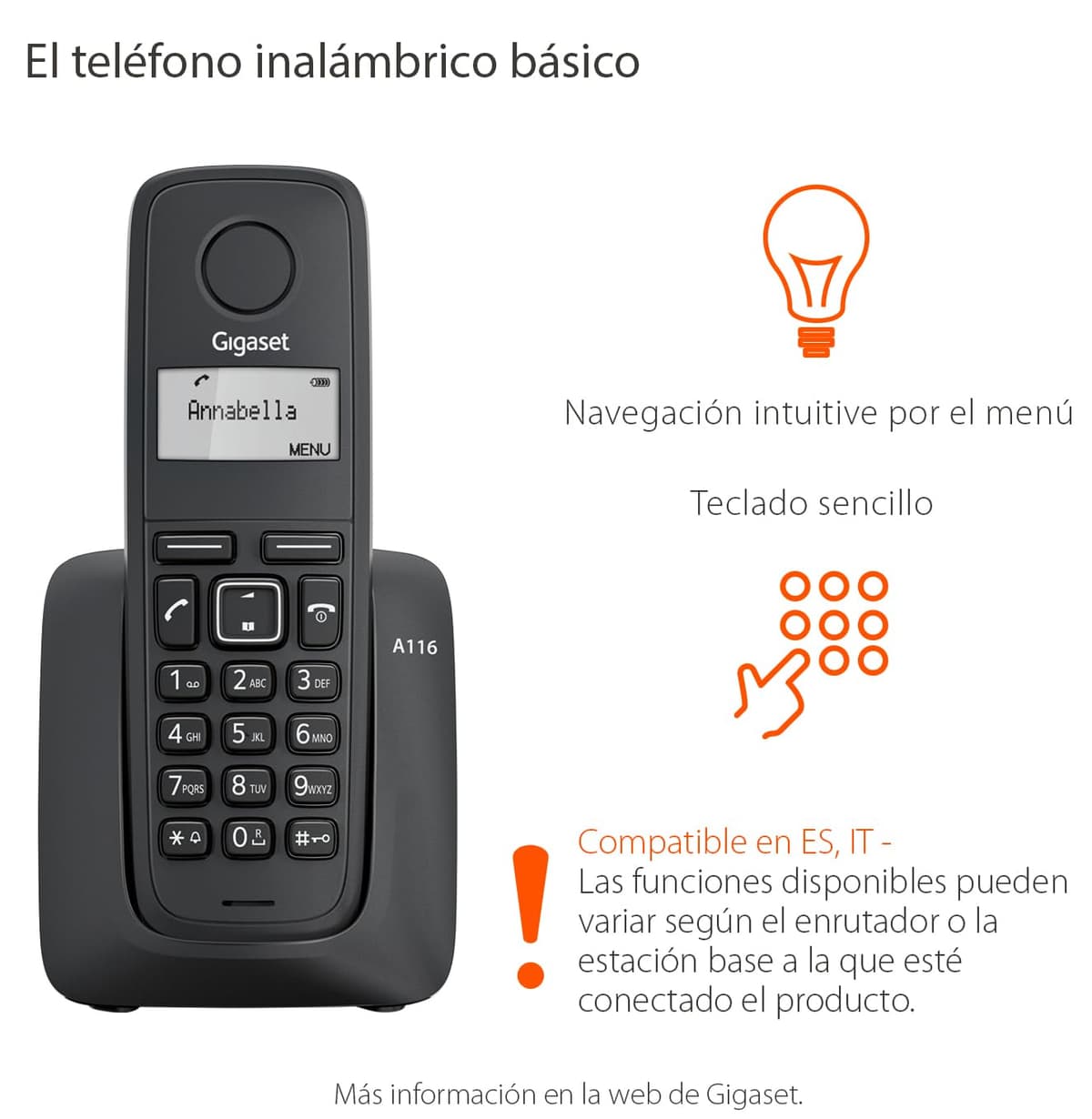 Gigaset A116 - Teléfono DECT Inalámbrico - Pantalla Gráfica Iluminada - Pantalla gráfica de 1,4" - Fácil de Usar, Negro [Compatible en ES y IT] — view 2