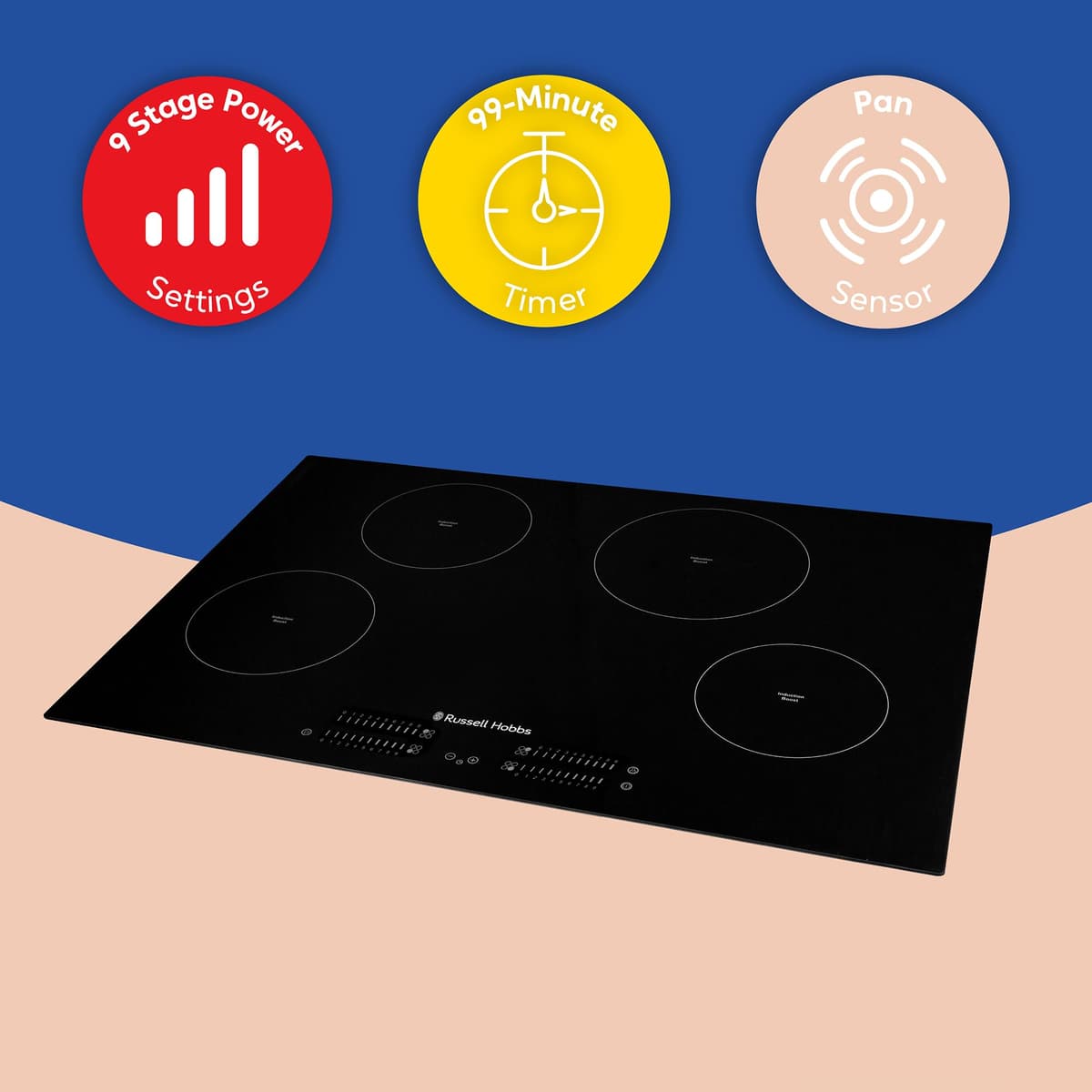 Russell Hobbs 77cm Induction Hob with 4 Cooking Zones, Slider Touch Control, 99-minute Timer, Boost Function, 9 Stage Power Levels, 7000W Power and Automatic Safety Off Switch in Black, RH77IH413B — view 3