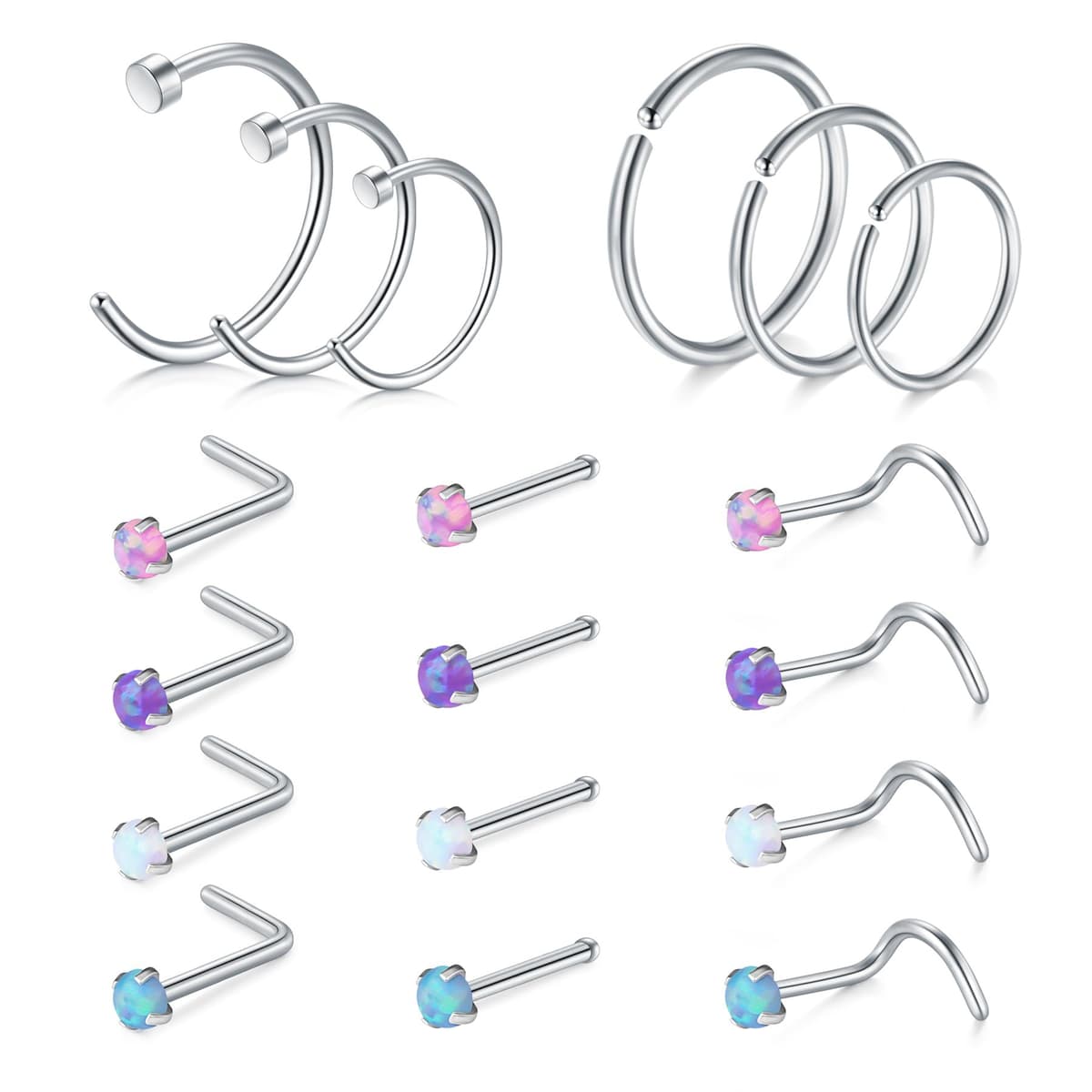 AVYRING Nose Rings Hypoallergenic Stainless Steel L-Shaped Nose Stud Screws with Cubic Zirconia Nose Piercing Jewellery 22G 20G 18G, Pack of 18 Pieces or 24 Pieces — view 11