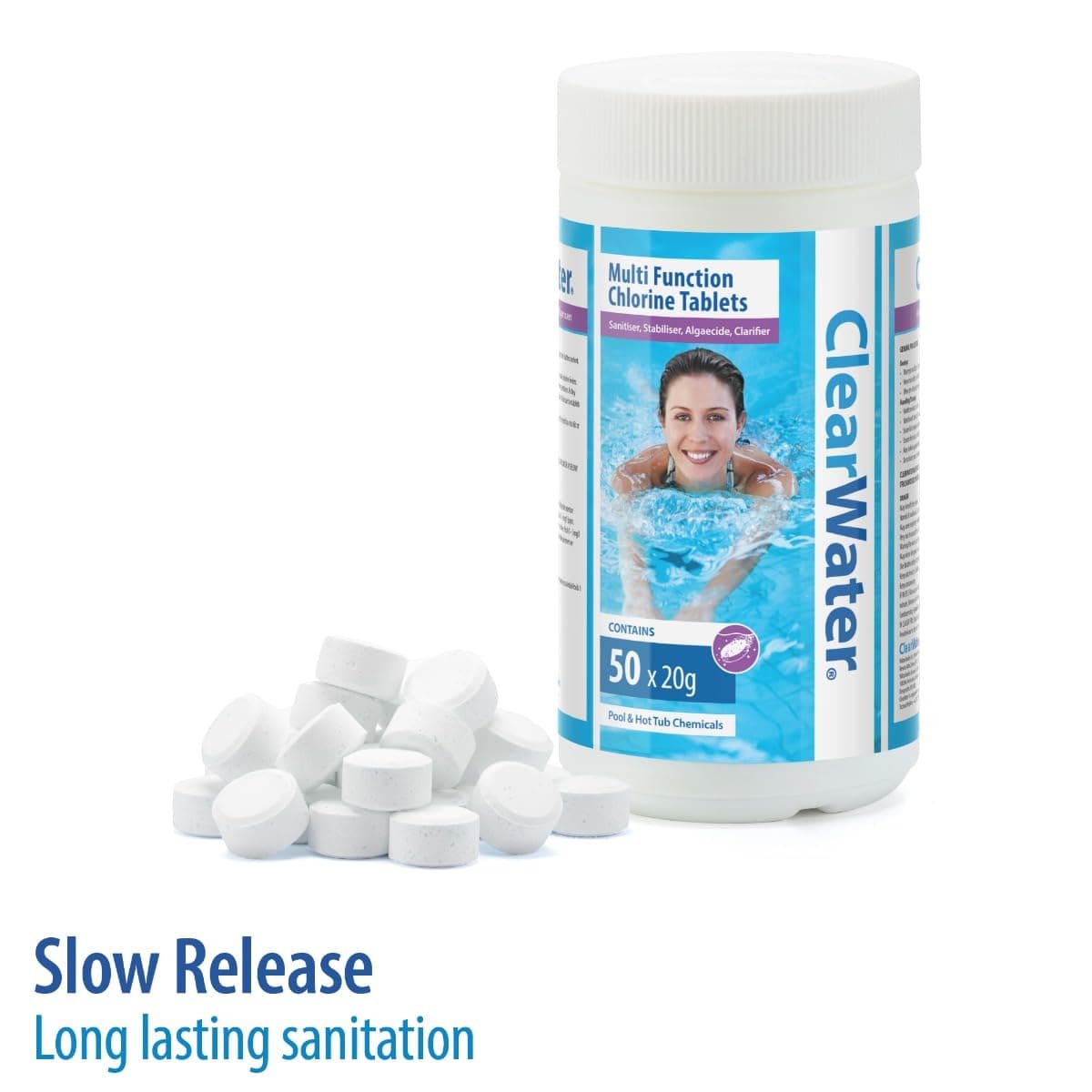Clearwater 1 kg Multifunction Chlorine Tablets, 4-in-1 Dispenser Tablets (Sanitiser, Stabiliser, Algaecide and Clarifier) for Pools and Hot Tubs, 50 x 20 g, White — view 2
