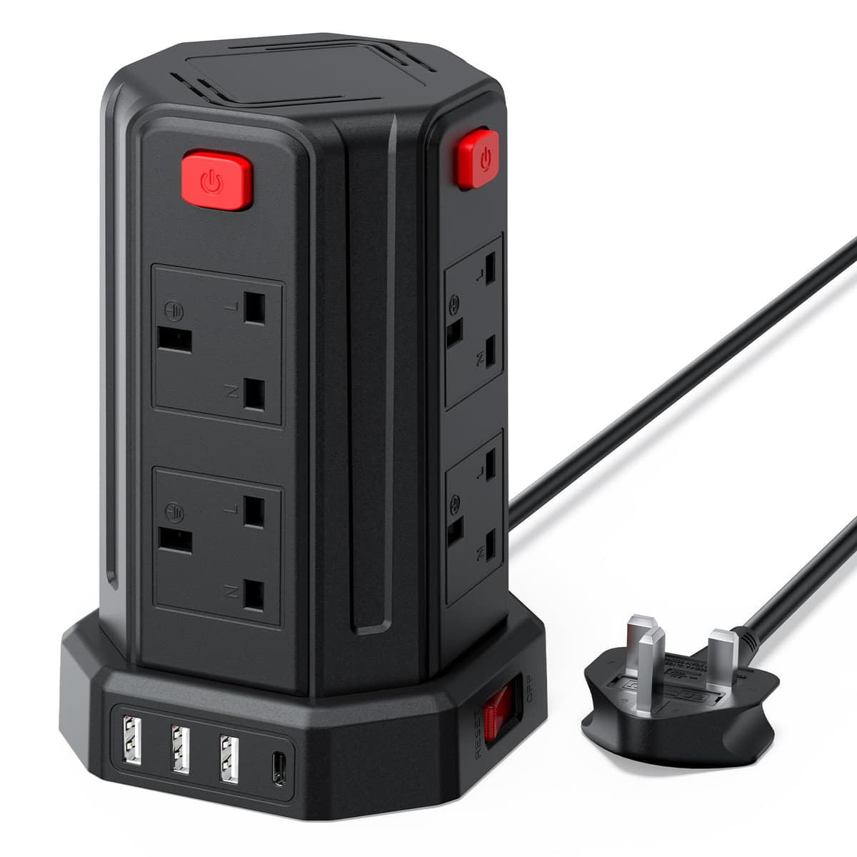 Tower Extension Lead 3M (3250W 13A) Extension Tower 8 AC Outlets & 4 USB Ports, Surge Protection Extension Lead with 4 Independent Switch, 17W USB C Ports Extension Cable 3M for Office, Home, Kitchen — view 10