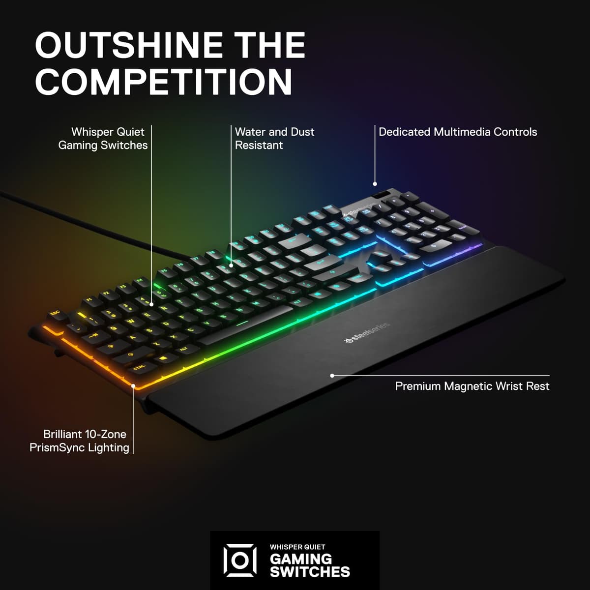 SteelSeries Apex 3 - Gaming Keyboard - Silent Gaming Keyboard - 10-Zone RGB Illumination - IP32 Water & Dust Resistant - Premium Magnetic Wrist Rest - English QWERTY Layout , Black — view 3