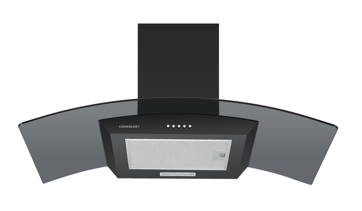 Cookology CGL900BK/A Cooker Hood Chimney Kitchen Extractor Fan 90cm with Carbon Filters, Recirculating Wall Mounted, Curved Glass, Energy Rating A, 3 Speed Settings, LED, Adjustable Height - Black — view 3