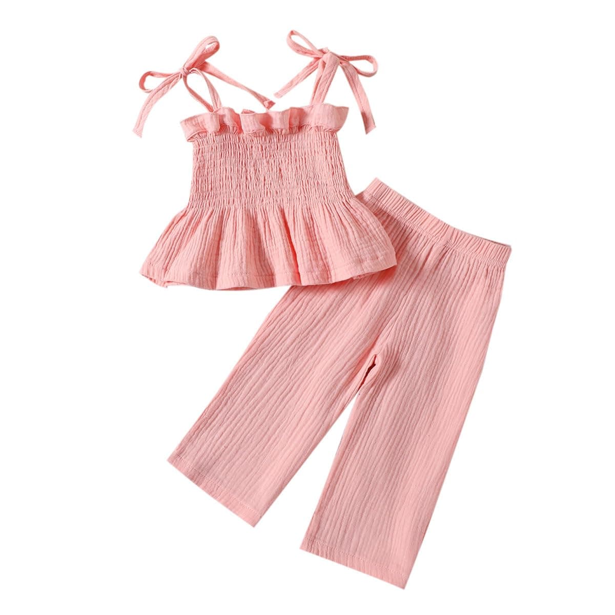 Conjunto Verano para Niñas Pequeñas Color Liso/Cuadros Sin Mangas Con Volantes Camisetas y Pantalones Anchos de Lino Ropa Infantil de Primavera — view 10