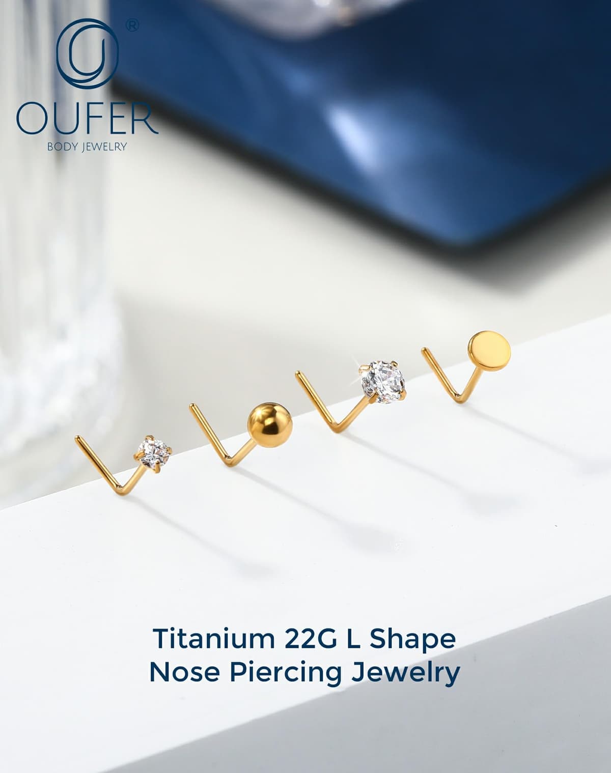 OUFER Body Piercing Nose Studs: 5PCS 20G Titanium Nose Bar L Shaped Nose Rings, 6 mm Gold Nostril Piercing Jewelry Cubic Diamond Thin Body Jewellery for Women — view 3