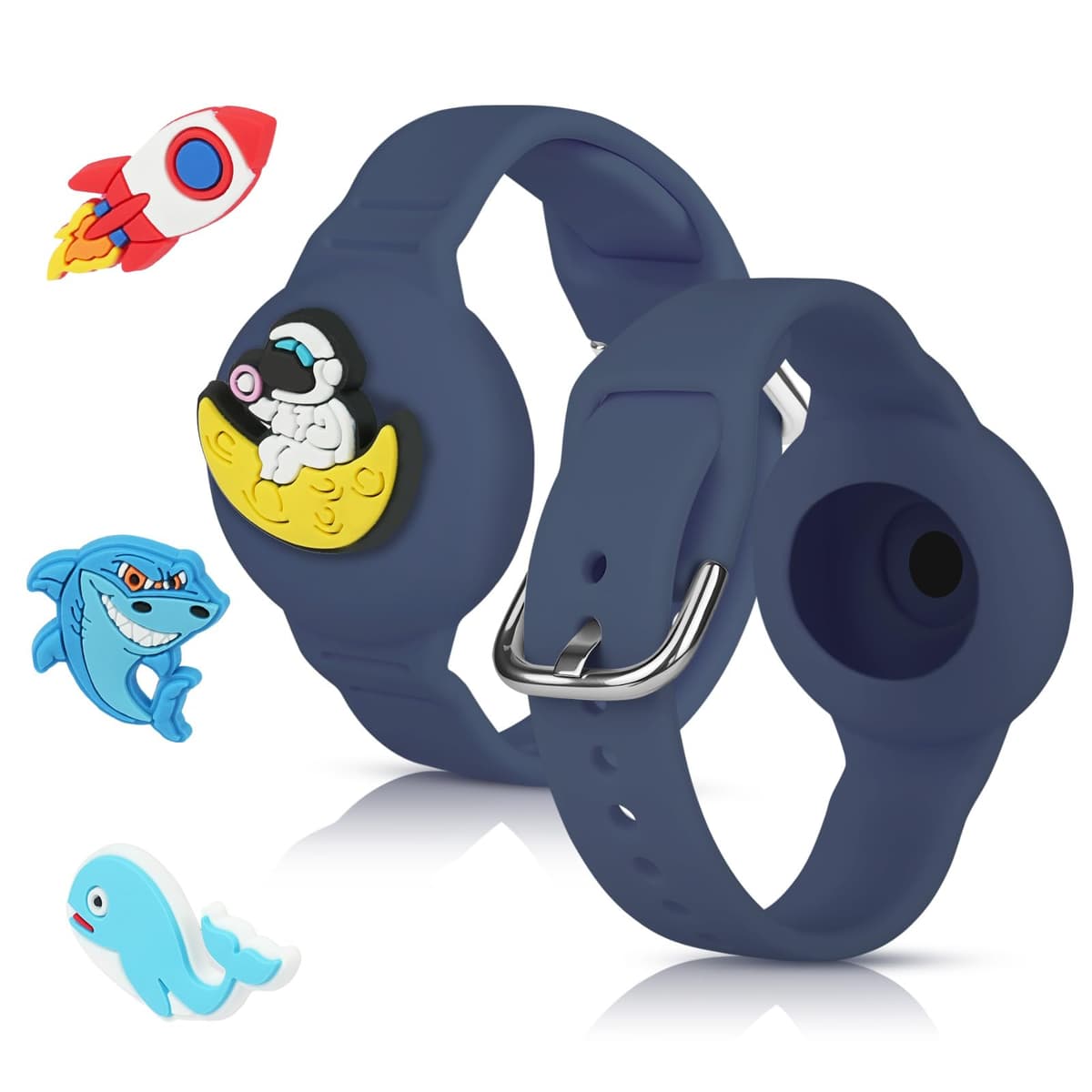 AXFEE Pulsera Compatible con Air-tag,1PC Pulsera de Silicona para Niños,con 4 Patrones DIY,Funda Protectora Ajustable Antipérdida,Impermeable Pulseras para Niños Mayores para Air-tag GPS Tracker, Azul
