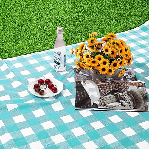 Kesfey 3 Packs Aqua and White Gingham Table Cloths 54 x 108 Inches Disposable Plastic Checkered Tablecovers Waterproof Rectangle Picnic Party Table Covers for Birthday Party Supplies Christmas — view 6