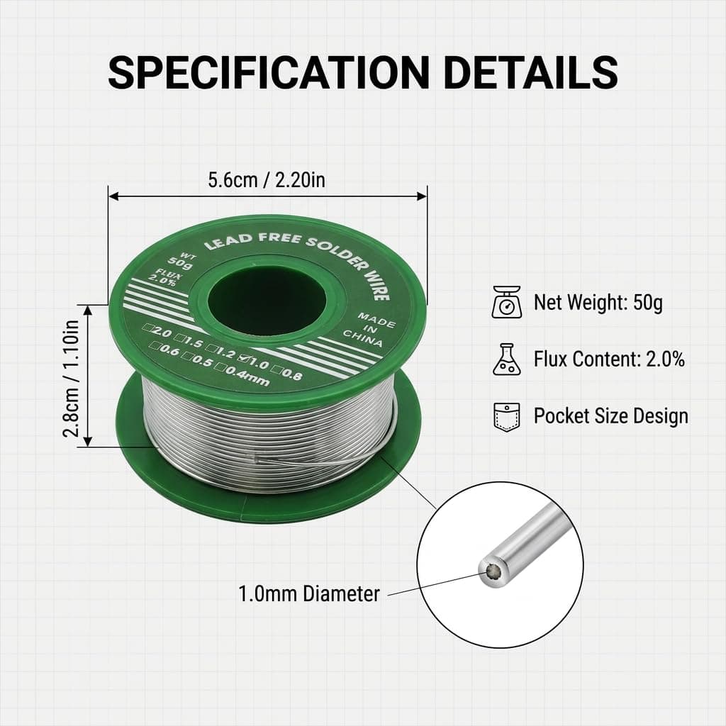 Alambre de Soldadura sin Plomo 1mm 50g Sn99.3% Cu0.7%, Estaño para Soldar con Núcleo de Colofonia 2% Flux, Hilo Estaño Soldadura para Electrónica PCB, Reparación de Cables y Proyectos DIY — view 2