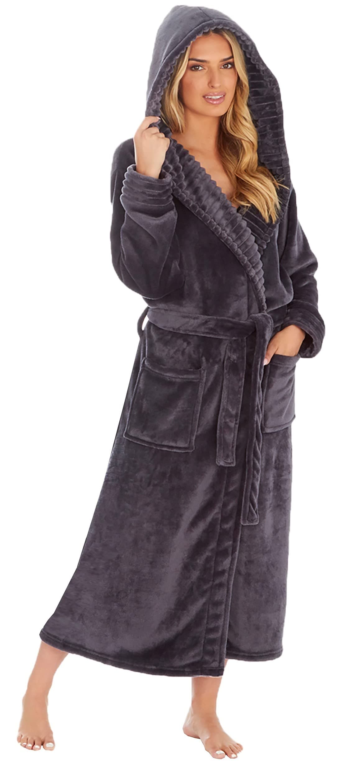 KATE MORGAN Ladies Dressing Gown Fluffy Super Soft Hooded Bathrobe for Women Plush Fleece Perfect Loungewear Long Robe | Gifts for Women — view 25