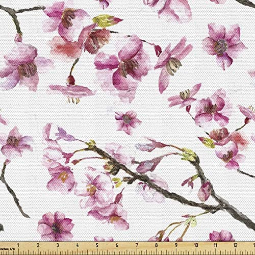 Ambesonne Cherry Blossom Fabric by The Yard, Watercolor Style Oriental Pattern with Sakura Branch, Decorative Fabric for Upholstery and Home Accents, 1 Yard, Green Pink